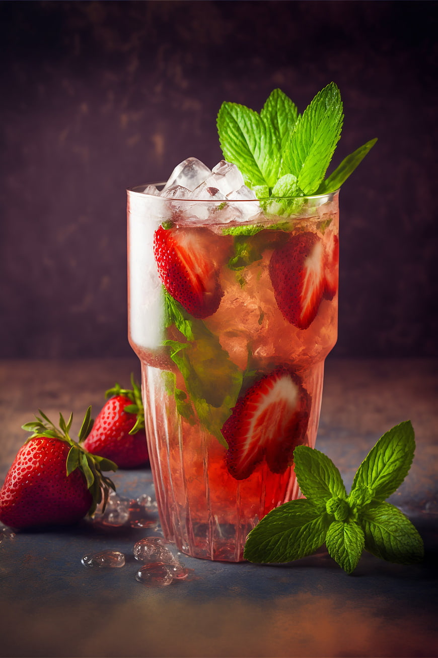 Refreshing Strawberry Mint Mojito with Ice and Fresh Fruit