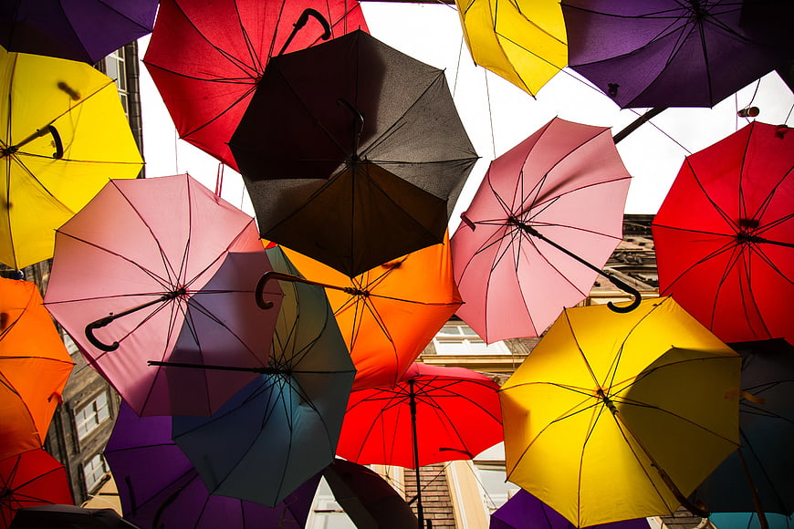 Low Angle View of Colorful Hanging Umbrellas