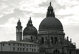 Black and white architecture of a Venetian basilica with domes
