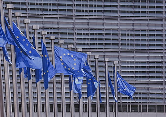 European Union flags waving in front of modern building