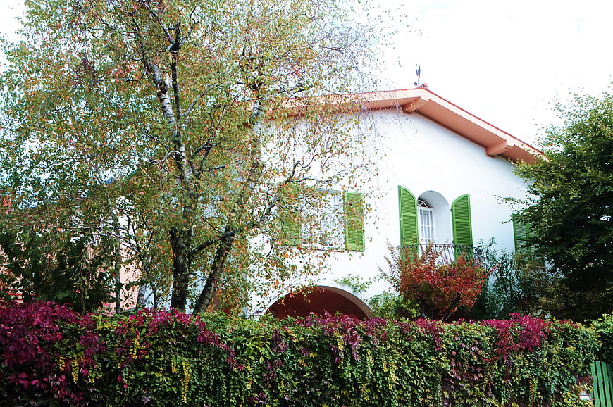 White House with Green Shutters and Autumn Foliage