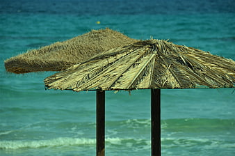 Thatched Beach Umbrellas Against Turquoise Sea