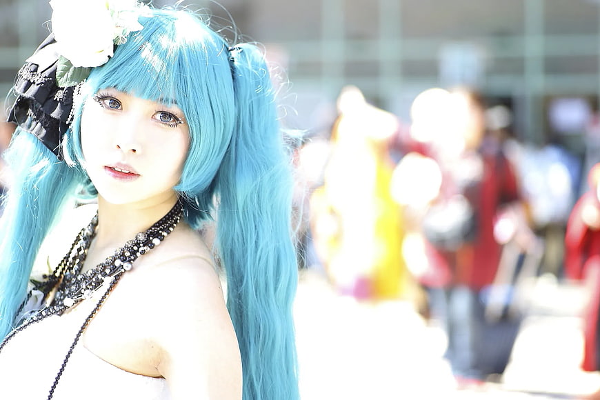 Blue-haired Cosplayer Portrait with Flower Headpiece