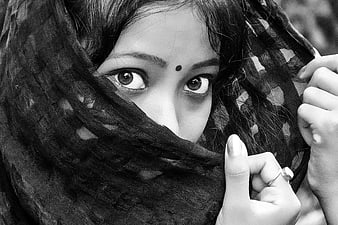 Close-up portrait of Indian woman with bindi and veil