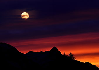 Full moon rising over mountain silhouette at sunset