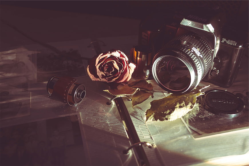 Vintage Nikon Camera with Rose and Film Roll on Photo Album