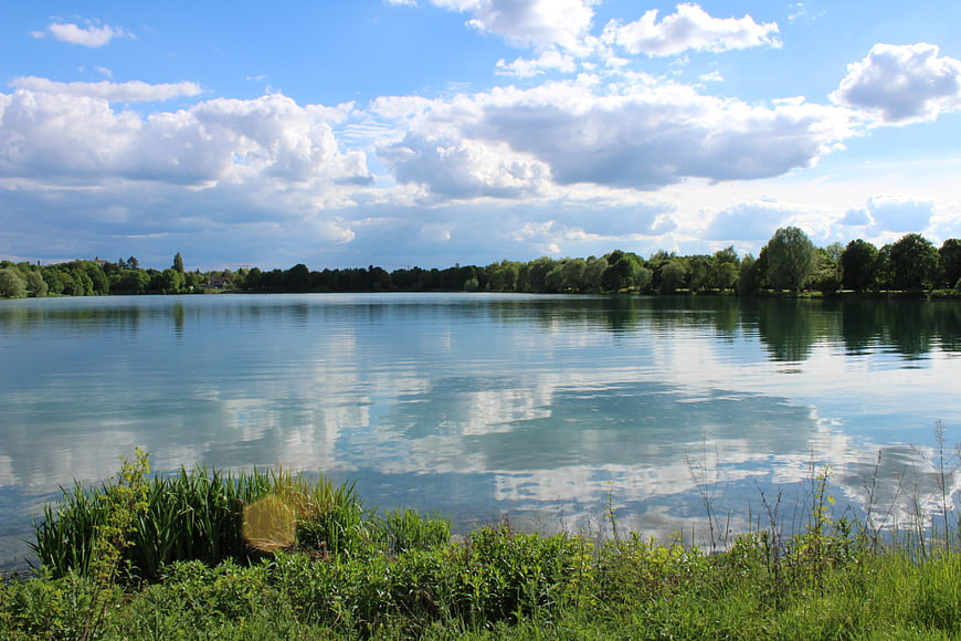 Serene Lake Landscape with Cloud Reflections and Green Shoreline