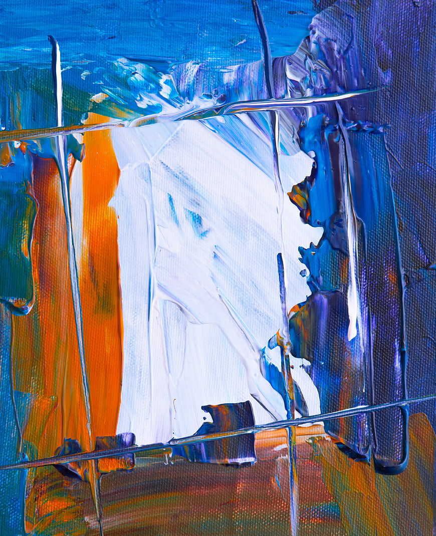 Abstract Acrylic Painting with Bold Blue, Orange, and White Brushstrokes