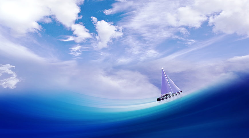 Surreal Sailboat on Blue Wave Under Cloudy Sky