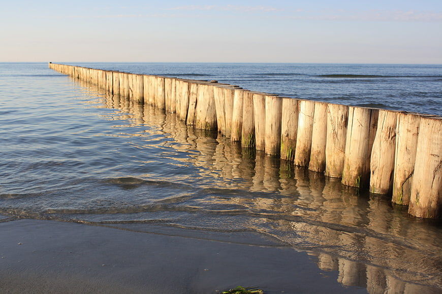 Wooden groynes on calm Baltic Sea beach at sunset