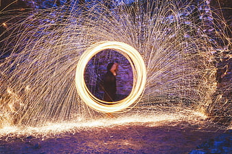 Steel wool spinning light painting photography at night