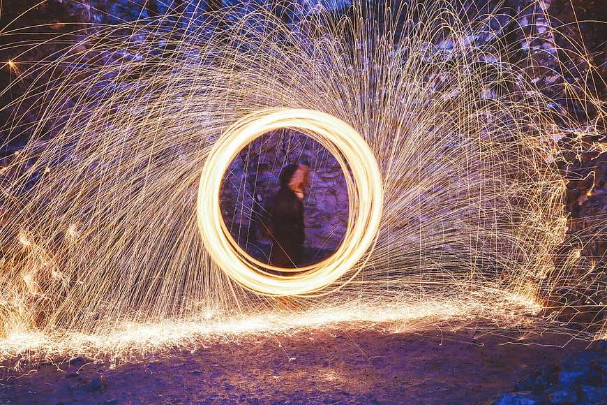 Steel wool spinning light painting photography at night