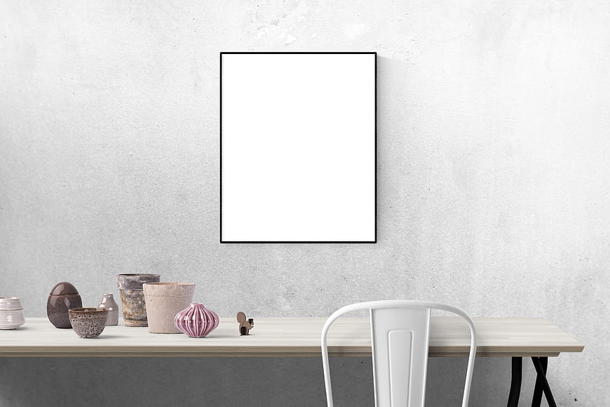Minimalist Poster Mockup on Concrete Wall with Desk