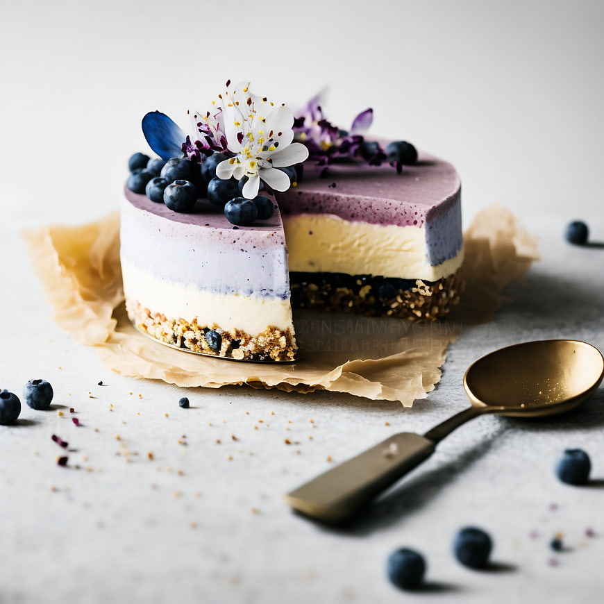 Layered Blueberry Cheesecake with Edible Flowers and Golden Spoon