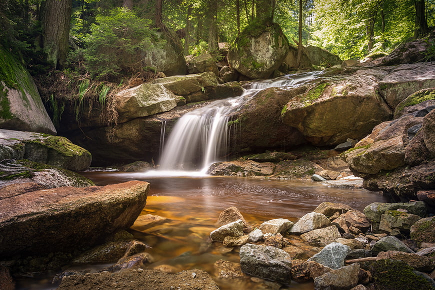 Serene Forest Waterfall with Long Exposure Flowing Water