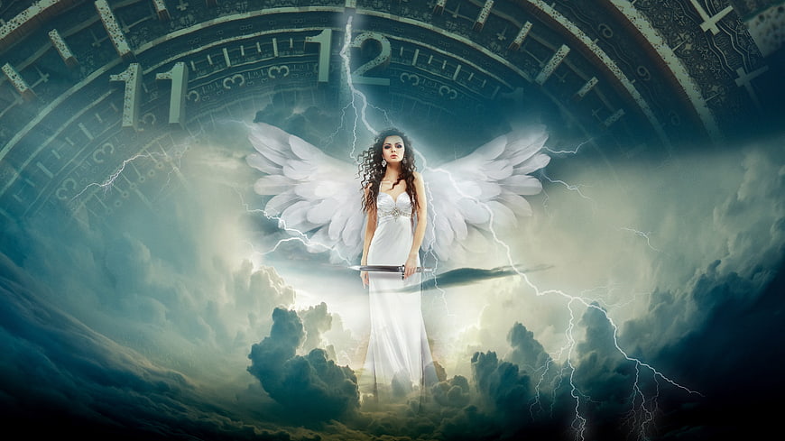 Fantasy angel with sword and clock in stormy clouds