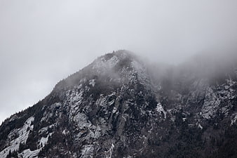 Misty Mountain Peak with Snow and Pine Trees