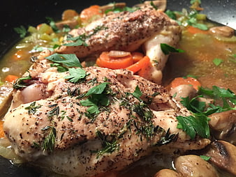 Pan-seared chicken thighs with mushrooms and carrots