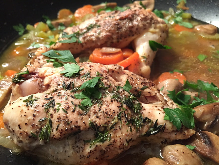 Pan-seared chicken thighs with mushrooms and carrots