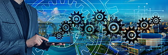 Businessman with tablet and digital gears over city skyline