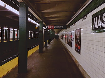 Empty subway platform at Nassau Street station in New York City