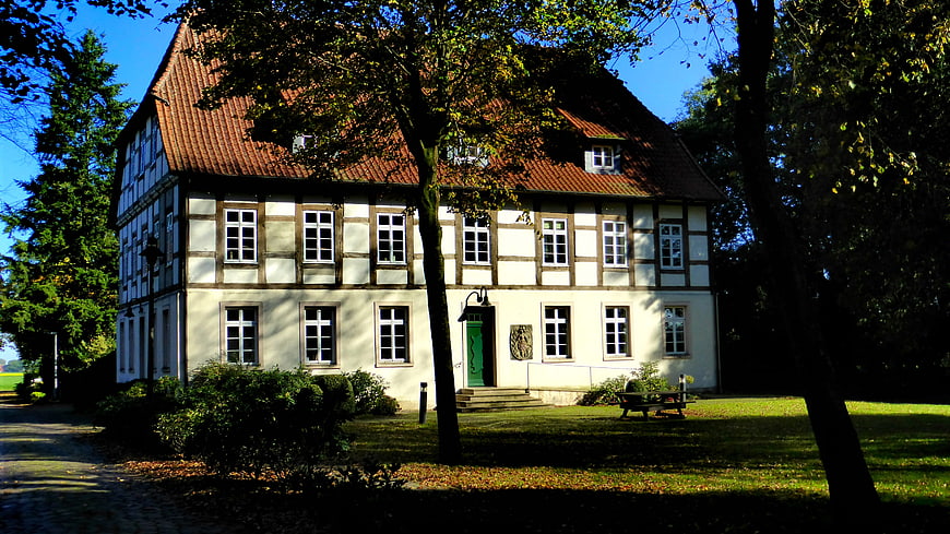 Traditional Half-Timbered House in Autumn Sunlight
