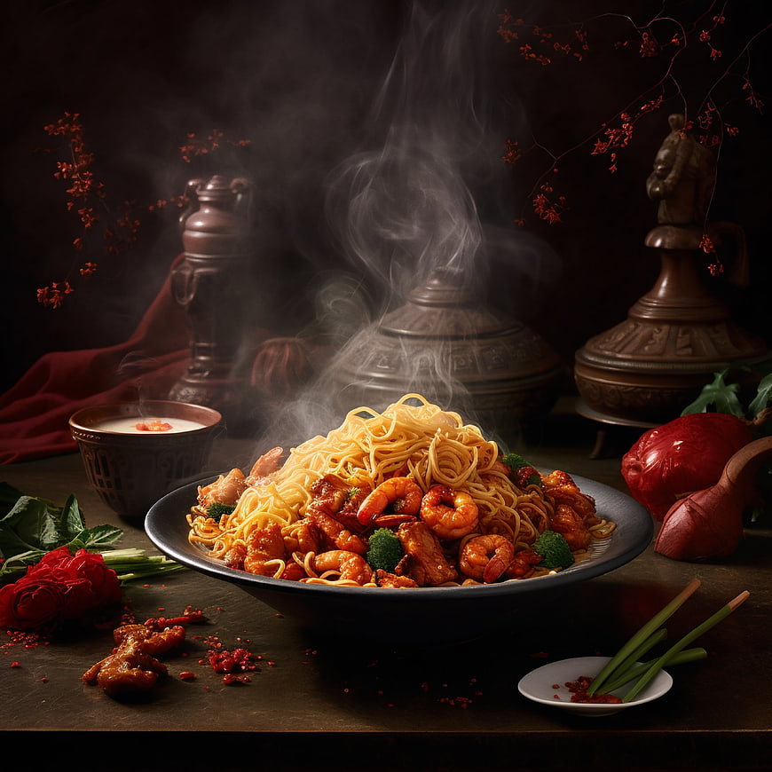 Steaming Asian Noodles with Shrimp and Broccoli