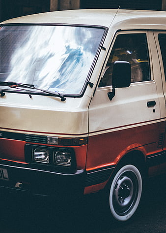 Vintage Cream and Red Van Close-Up