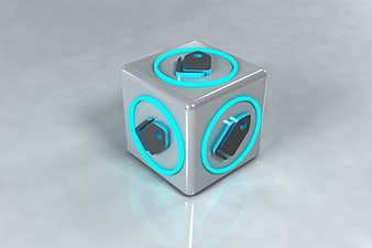 3D Cube with Glowing Cyan Rings and Tags