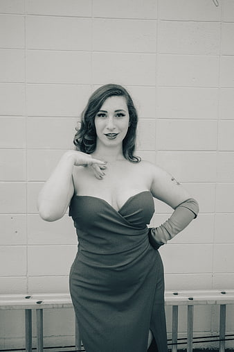 Vintage Style Woman in Strapless Dress and Gloves