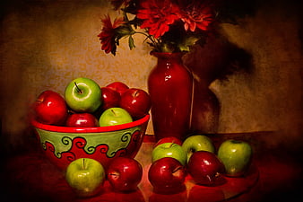 Still Life Composition With Red Apples, Green Apples, And Red Flowers In Vase