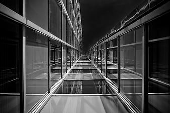 Black and White Modern Glass Building Facade with Symmetrical Perspective