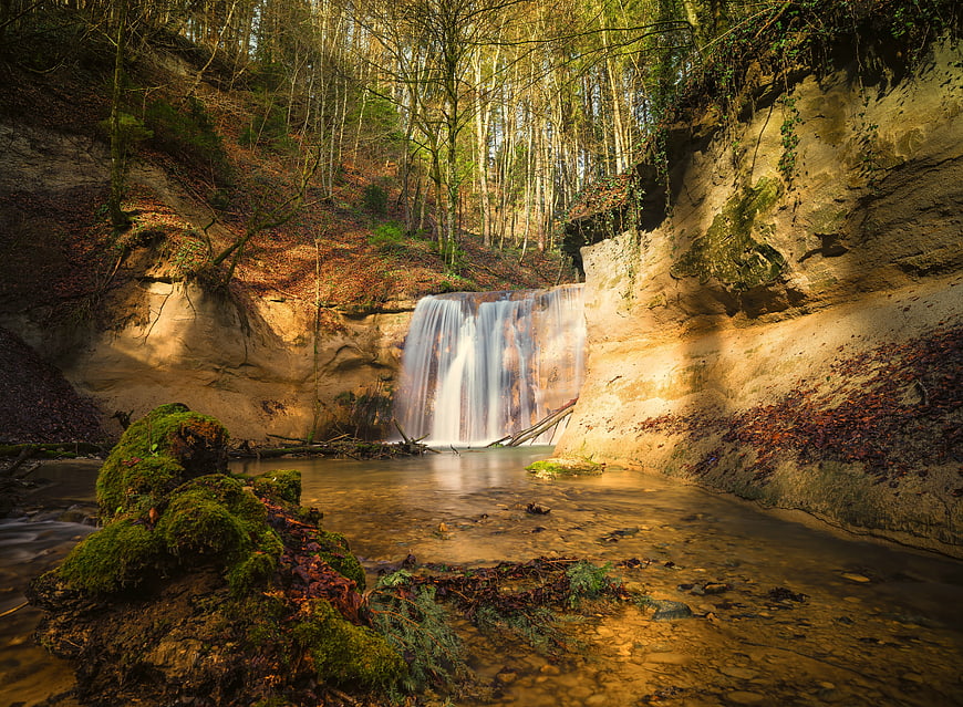 Serene Forest Waterfall with Long Exposure Misty Water