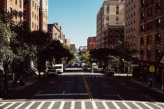 Sunny urban street view with school zone markings and brick buildings