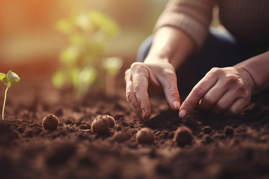 Close-up of hands planting seeds in rich soil