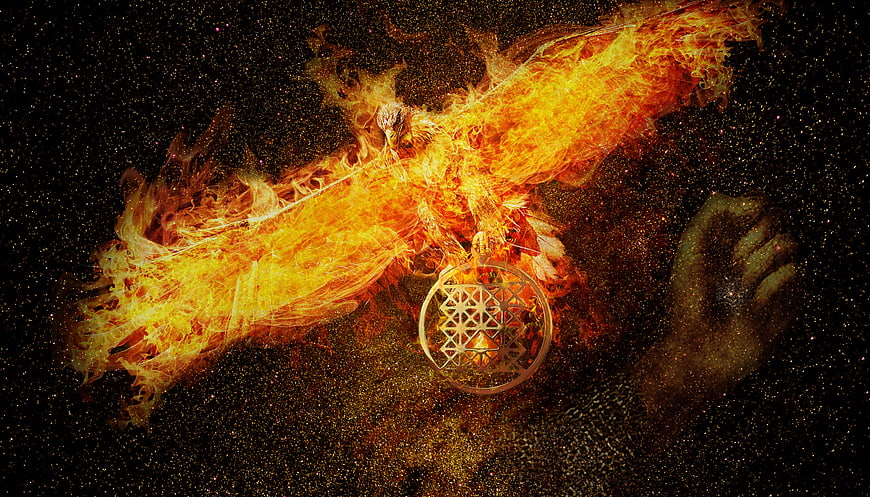 Fiery Phoenix Bird With Geometric Gold Symbol On Dark Starry Background