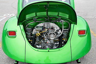 Rear View of Classic Green Volkswagen Beetle Engine