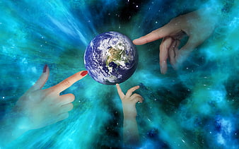 Hands Reaching Toward Earth Globe in Cosmic Nebula Background