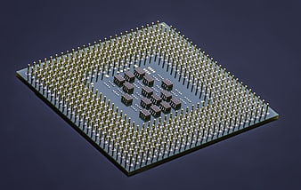 3D Render of Microchip with Gold Pins on Blue Background