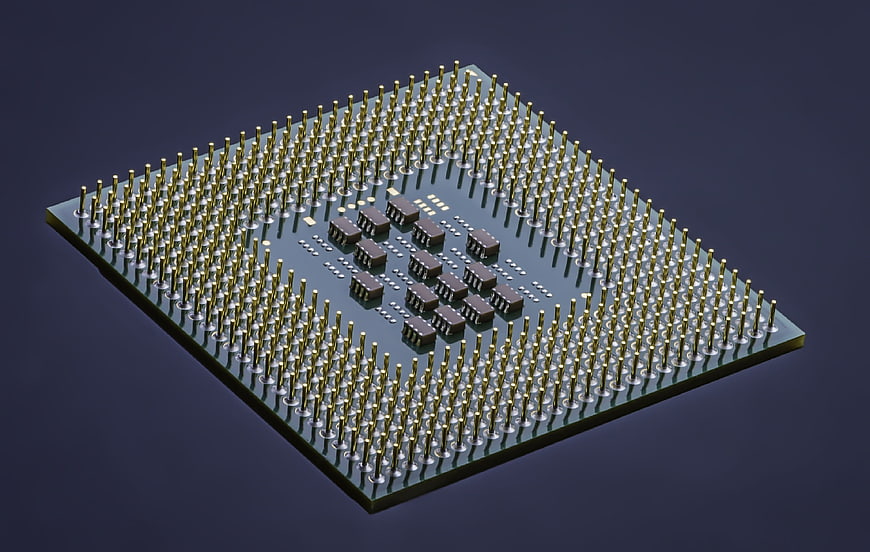3D Render of Microchip with Gold Pins on Blue Background