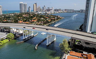 Aerial View of Miami Beach Bridge and City Skyline