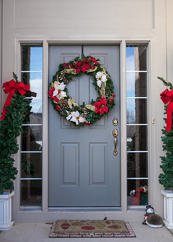 Festive Christmas Wreath on Gray Front Door