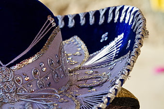 Close-up of ornate blue and silver Mexican sombrero