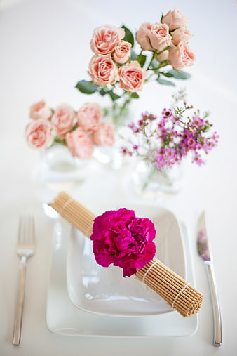 Elegant Pink Rose Table Setting with Magenta Carnation Napkin Ring