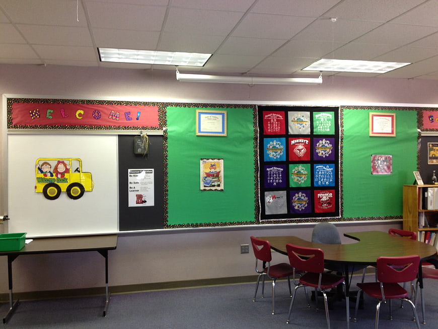 Colorful Elementary Classroom with Bulletin Boards and Desks