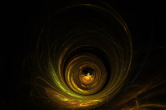 Abstract golden fractal spiral tunnel on black background