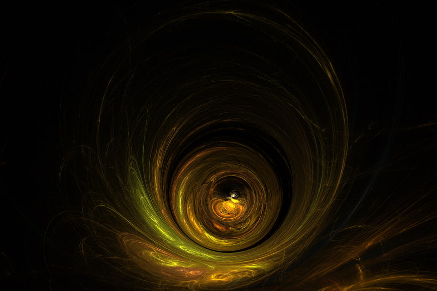 Abstract golden fractal spiral tunnel on black background