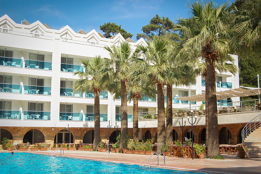 White Hotel Building with Pool and Palm Trees