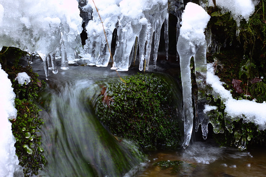 Frozen icicles hanging over a mossy winter stream
