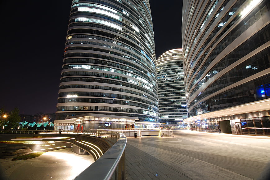 Modern Curved Skyscrapers at Night in Beijing Wangjing